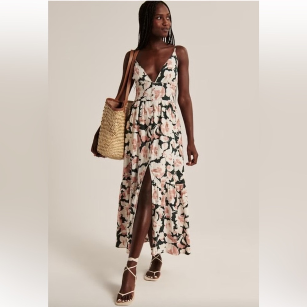 Abercrombie & Fitch Linen Button Through Green Floral Maxi Dress Size Small
